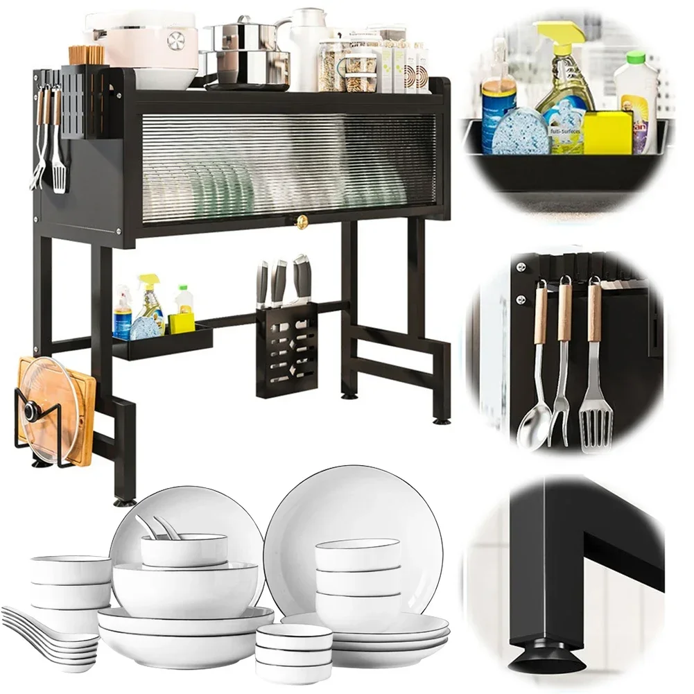 Kitchen Storage Cabinet Steel Over The Sink Dish Drying Rack 3-Tier Utensil Cup Holder Large Over The Sink Dish Rack with Cover view 2