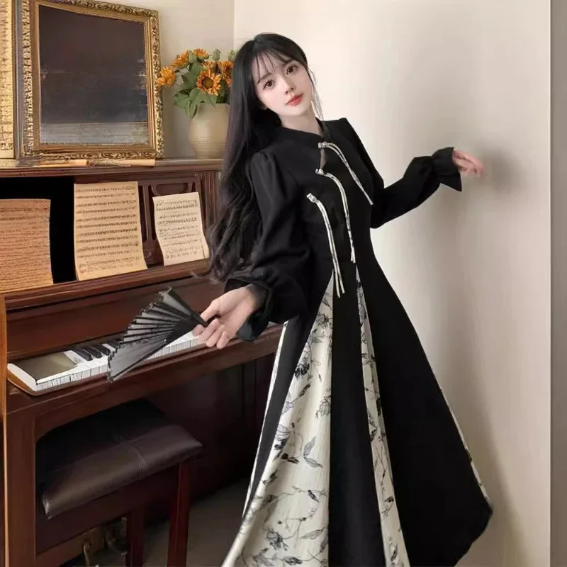 Retro Printed Patchwork Long Dress Women Elegant Chinese Style Vintage Maxi Dresses Streetwear Robe Woman Clothing New