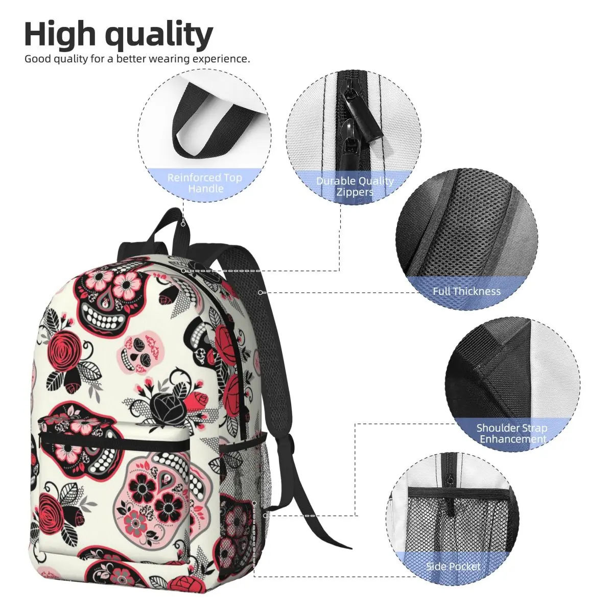 Day Of The Dead Skulls And Roses Backpack Student BookBag Children School Bag Laptop Shoulder Bags for Men Women