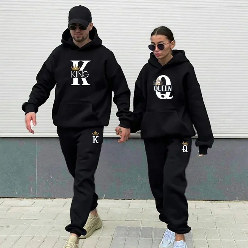 Lovers Couple KING QUEEN Print Hoodie Suits 2 Piece Hoodie and Pants Men Women Hoodie Set Tops Classic Fashion Sportwear Outfit