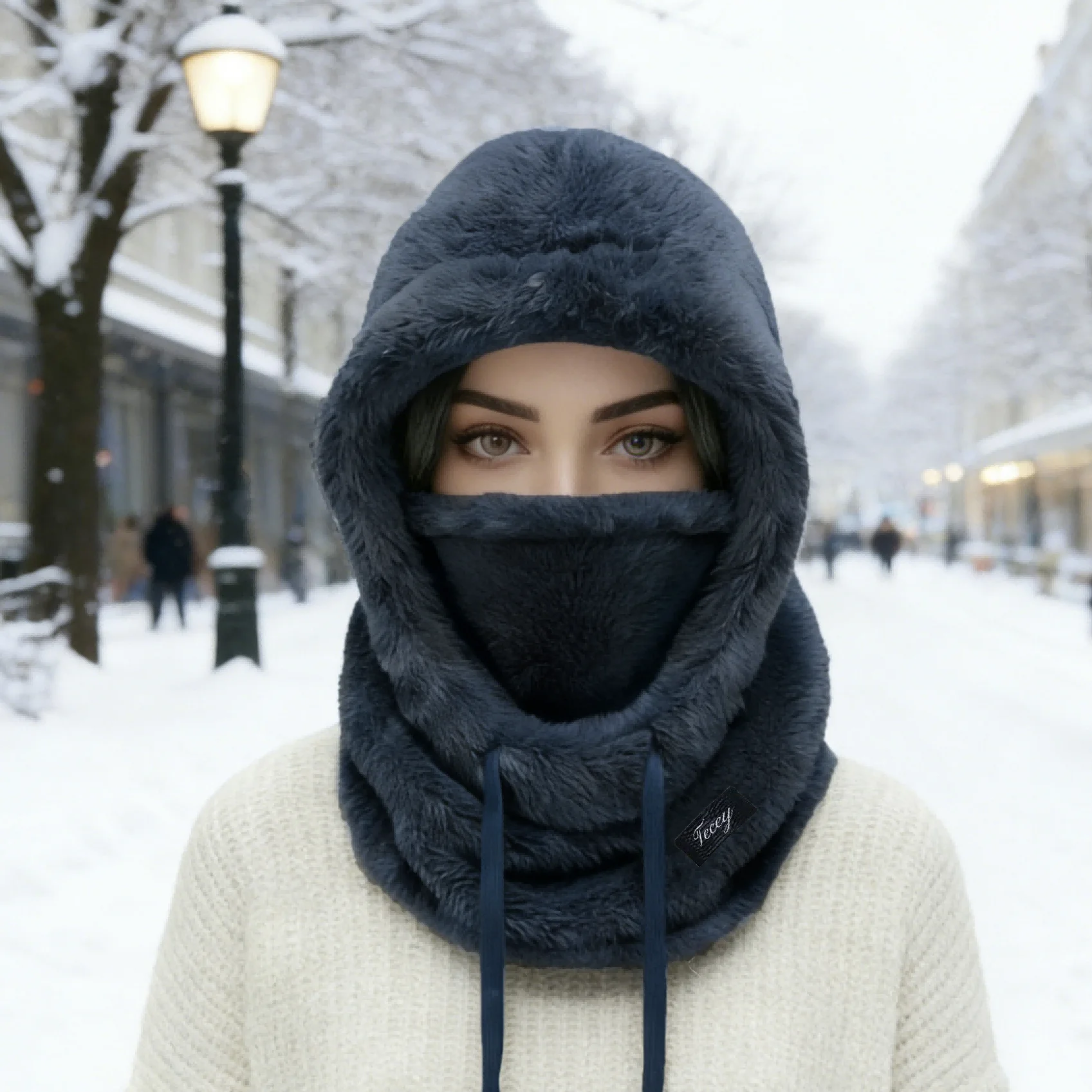 Unisex All‑in‑One Furry Hood Neck Gaiter Hat, Soft Thick Plush Material, Adjustable Drawstring Design, Fits Most Head
