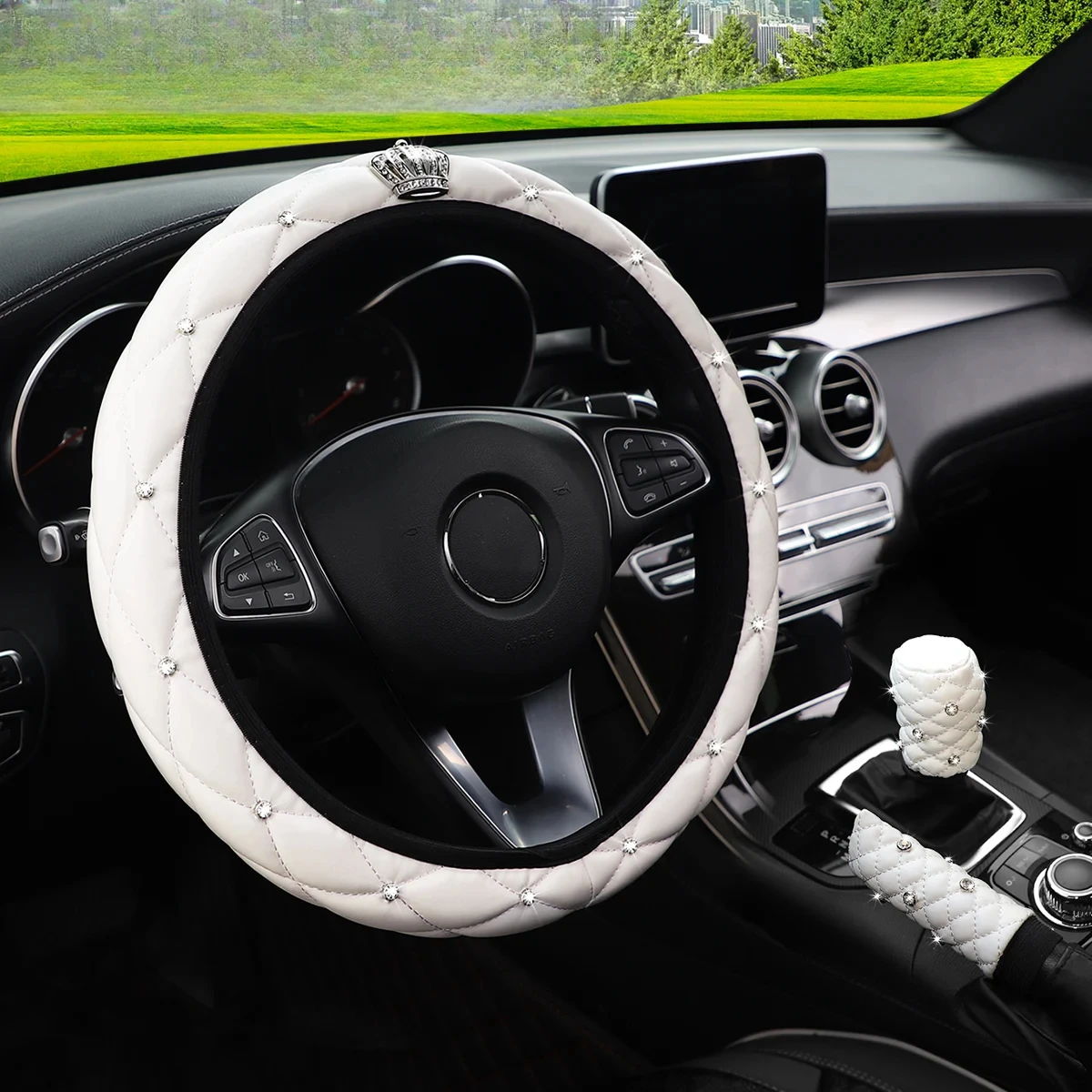 

1PC Soft Leather Diamond Crown Three-piece Car Without Inner Ring Steering Wheel Cover Handbrake Handle Cover