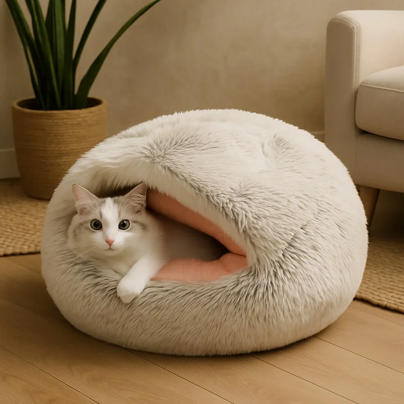 Winter Soft Fleece Lined Semi-Enclosed Plush Bed for Cats