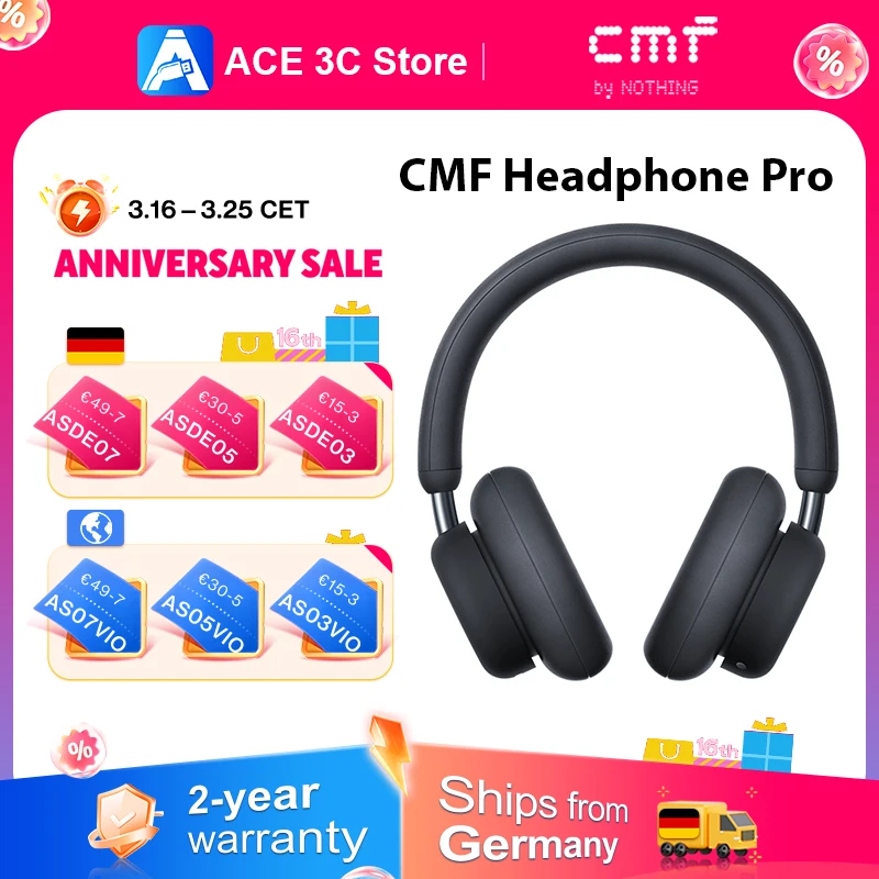 Casque audio CMF Pro version globale, jusqu'à 100 heures d'autonomie, ANC bloquant jusqu'à 99 % du bruit, coussinets interchangeables.
