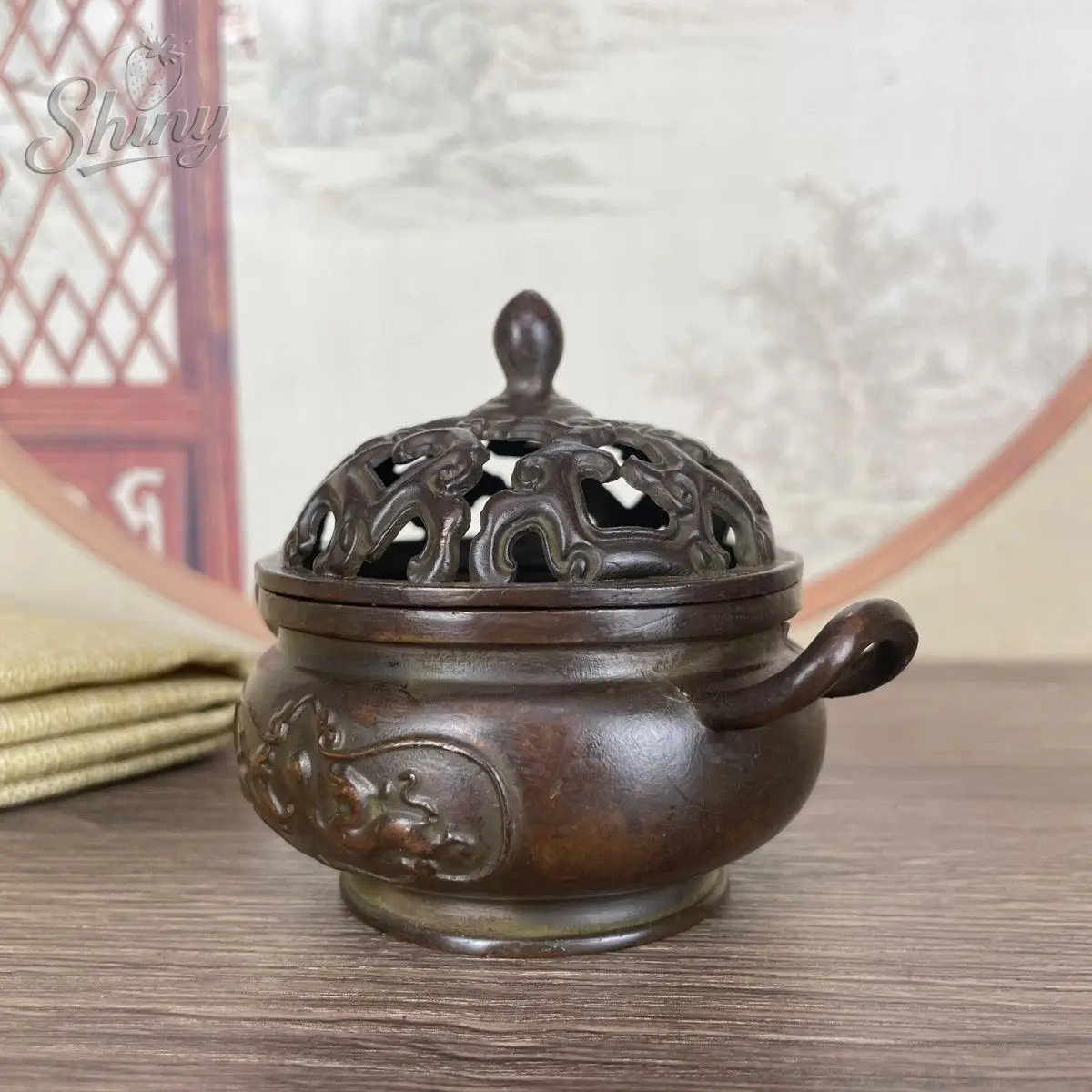 Antique Pixiu Double-Eared Copper Incense Burner Home Fengshui Indoor Decoration Ornament Collectible Xuan Character Base Double