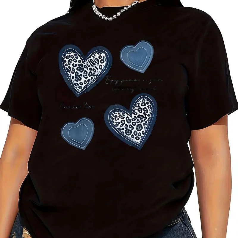 Blue Leopard Print Heart Women's T-Shirt 100% Cotton Funny Graphic Short Sleeve Tee Novelty Shirt Casual Crew Neck Top S-5XL
