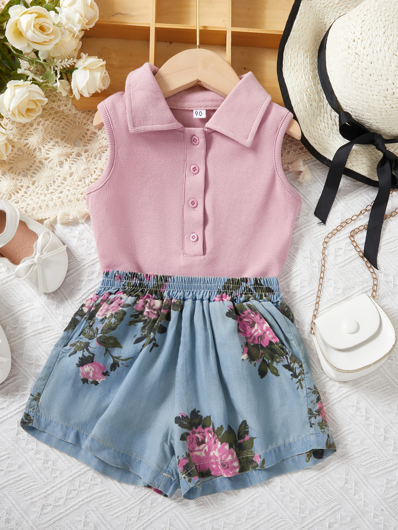 Summer Little Girl Fashion Trend Set Kids Sleeveless Shirt T-shirt + Floral Jeans Sets Baby Girl Cute Outfit Clothes