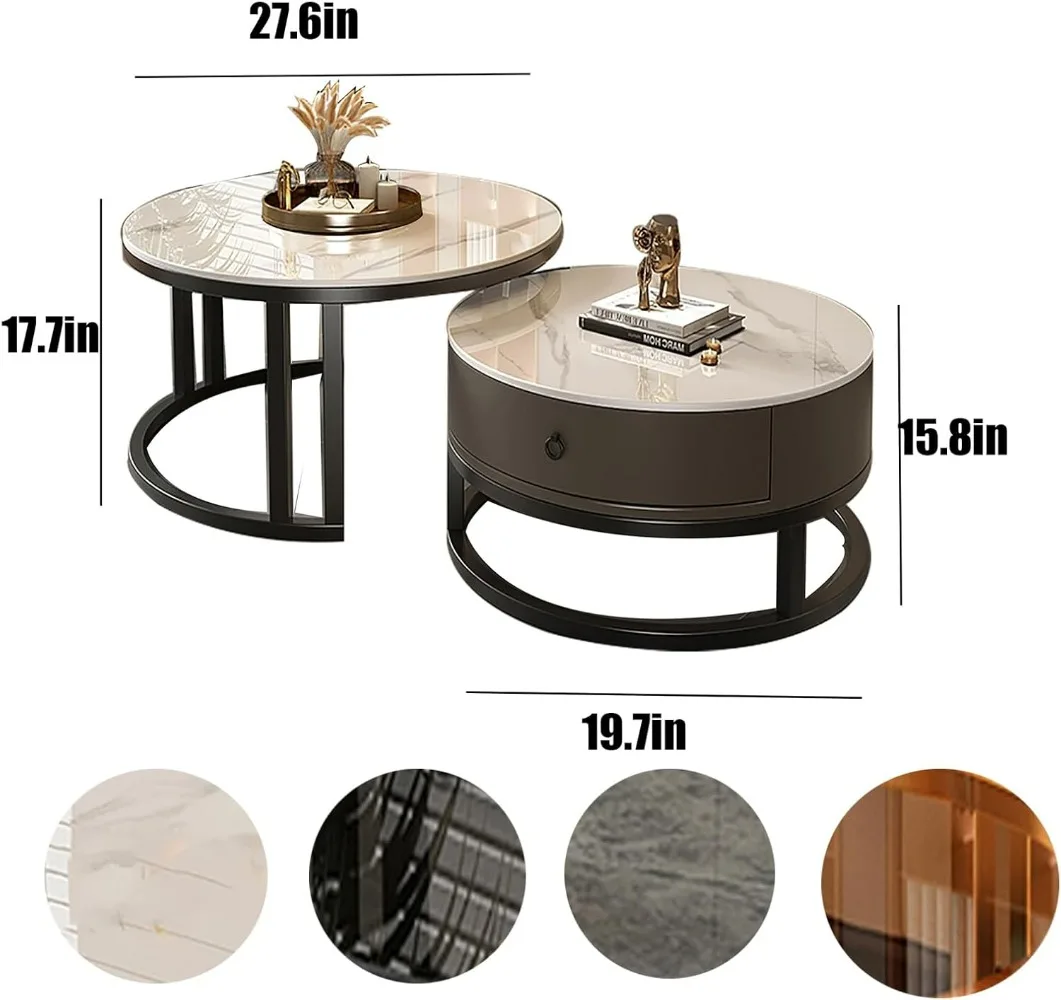 Modern Nesting Coffee Table with drawer,round,soild wood tabletop，metal frame,simple Sliding design tea table for Living Room