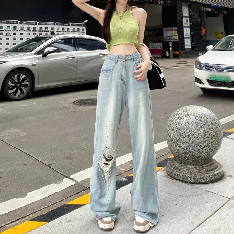 

Джинсы прямого кроя с жемчужным декором для полных женщин, большие размеры (до 300 фунтов), повседневные широкие брюки, удобные свободные джинсы