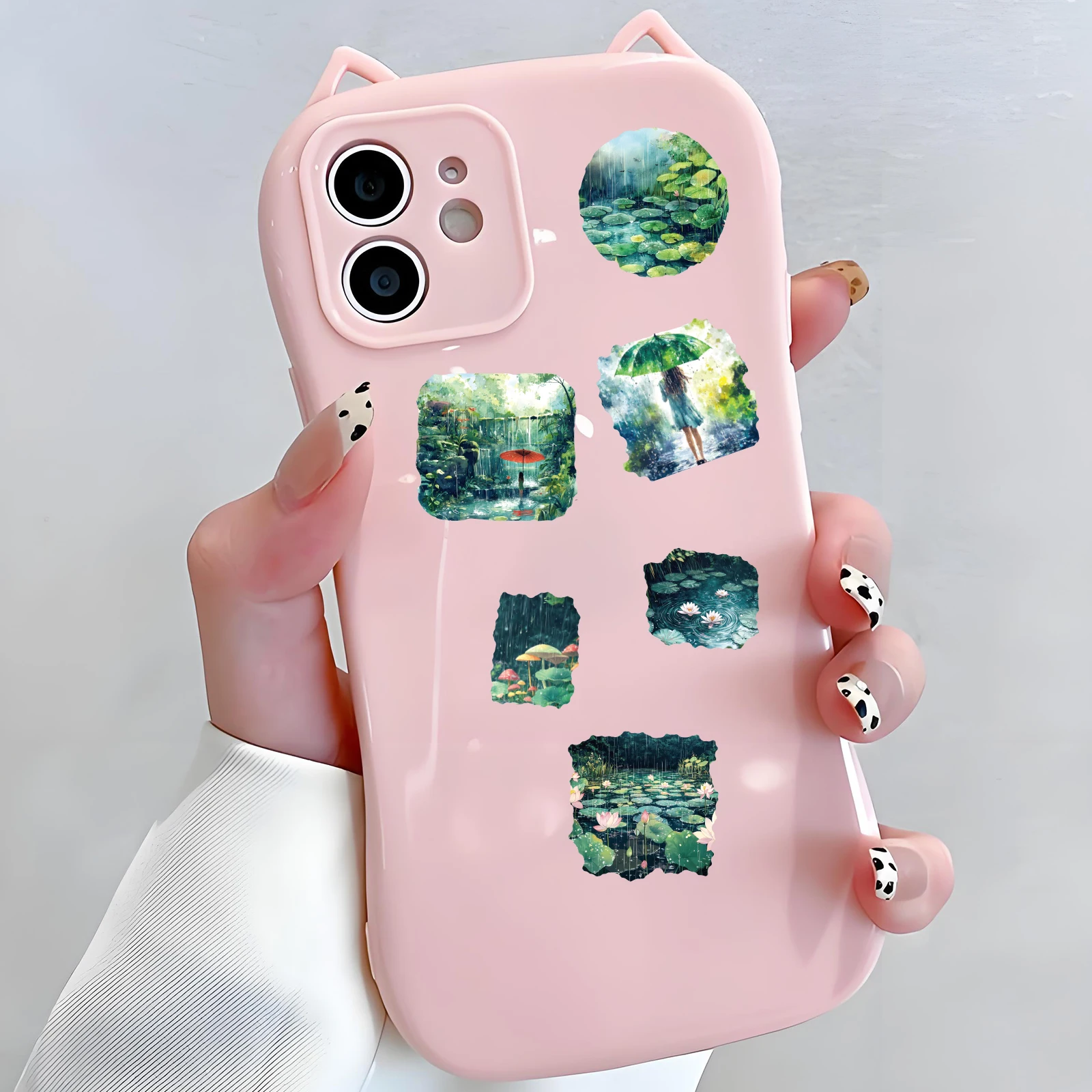 40 Uds. De pegatinas de escena de lluvia de loto de campo para ordenador portátil, equipaje, fundas de teléfono, diario, decoración del hogar, paquete de pegatinas de juguete clásico para niños