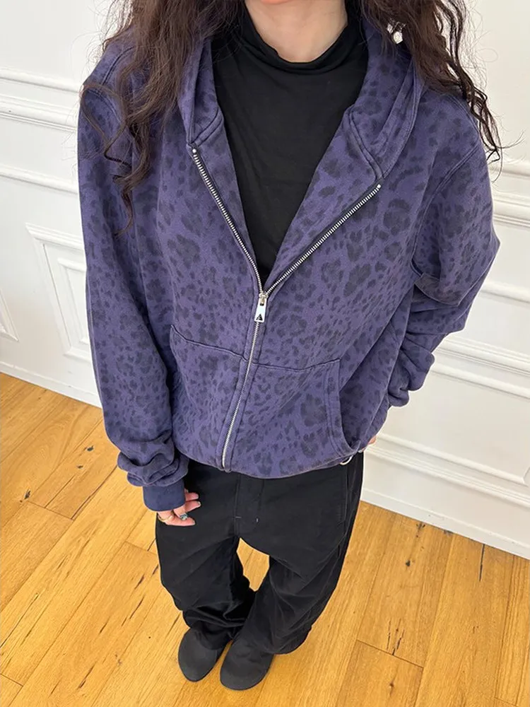 Retro Camouflage Leopard Print Hoodie Jacket Short Zipper Cardigan for Men And Women Autumn Season Washed Cotton Loose Fit