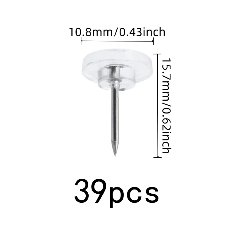 39 pcs Clear Flat Thumb Tacks, Easy Push Sharp Pin and Reusable Wall Safe, ideal for Photo Picture Pinning