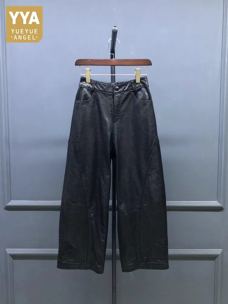 

Новые осенние женские брюки из натуральной кожи с эластичной резинкой на талии, женские широкие брюки, прямые брюки полной длины, повседневные брюки 4XL