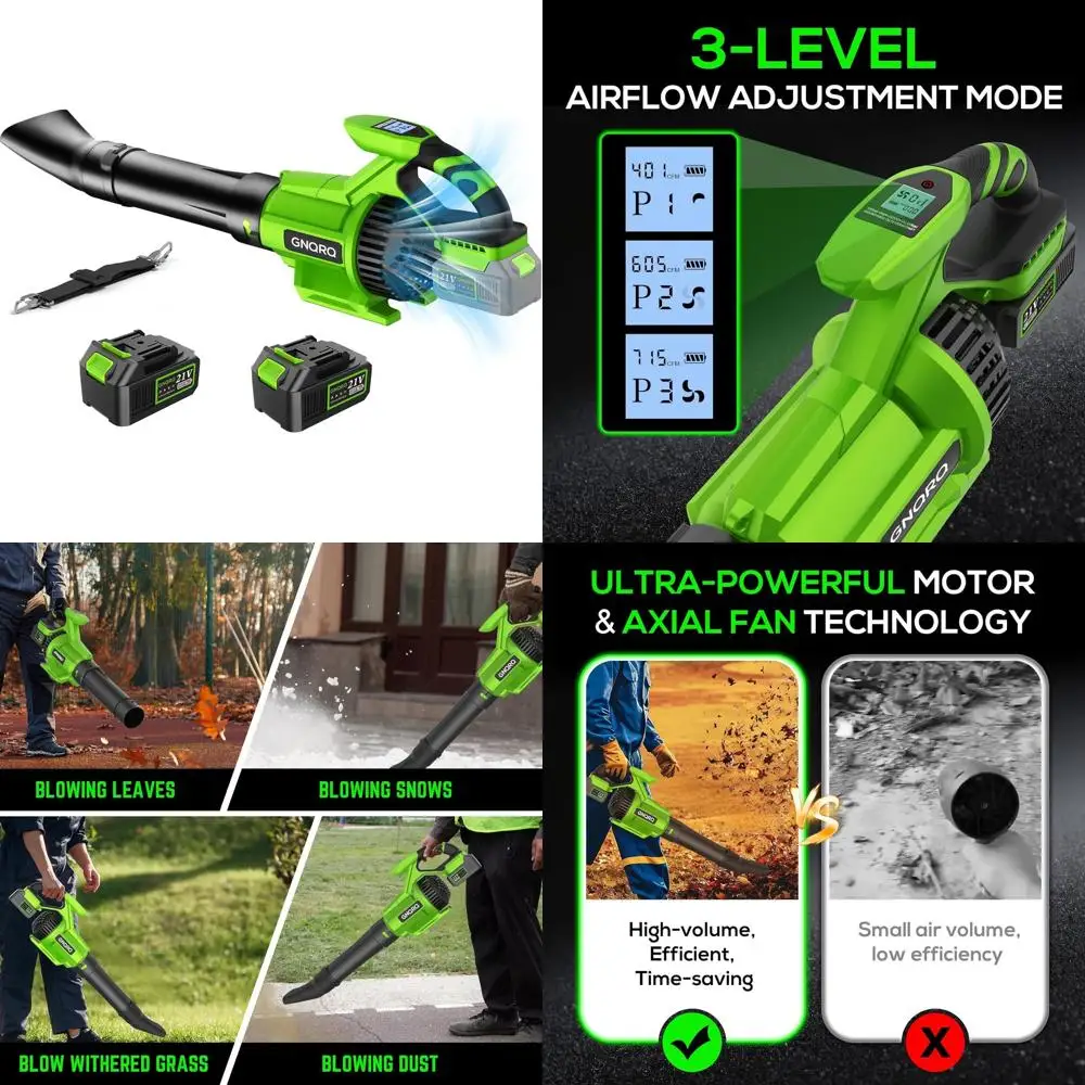 

Аккумуляторная воздуходувка 21В с 2 аккумуляторами 4.0Ач и зарядным устройством, 715CFM и 180MPH, 3 режима скорости для уборки газонов и листьев