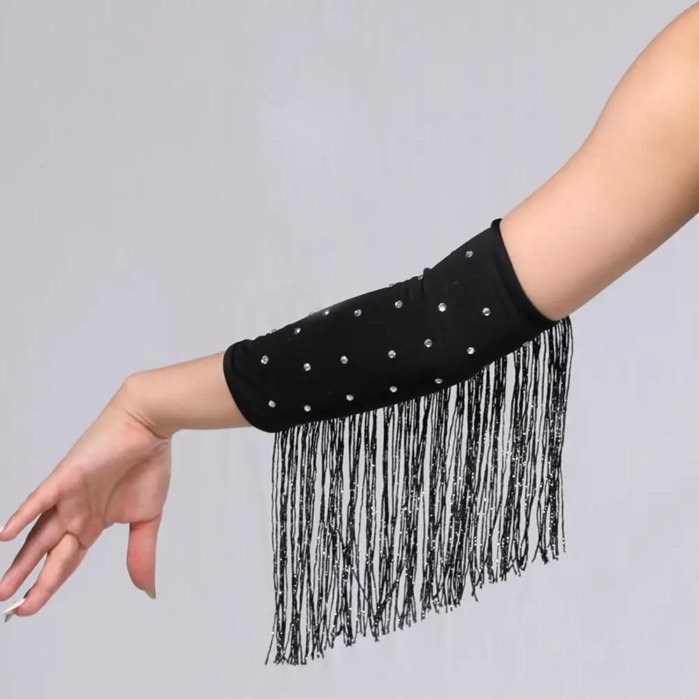 Performance Stage Latin Dance Fringed Sleeves Drilling Rhinestone Flash Women's Arm Sleeves Solid Color Latin Dance Costumes