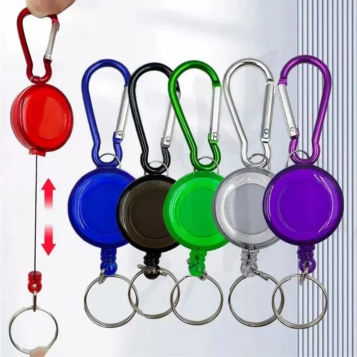 1-5pcs Retractable Steel Cord Reel Keychain Spring Buckle Clasp Wire Rope Key Ring Recoil ID Card Holder Sport Tools Accessories