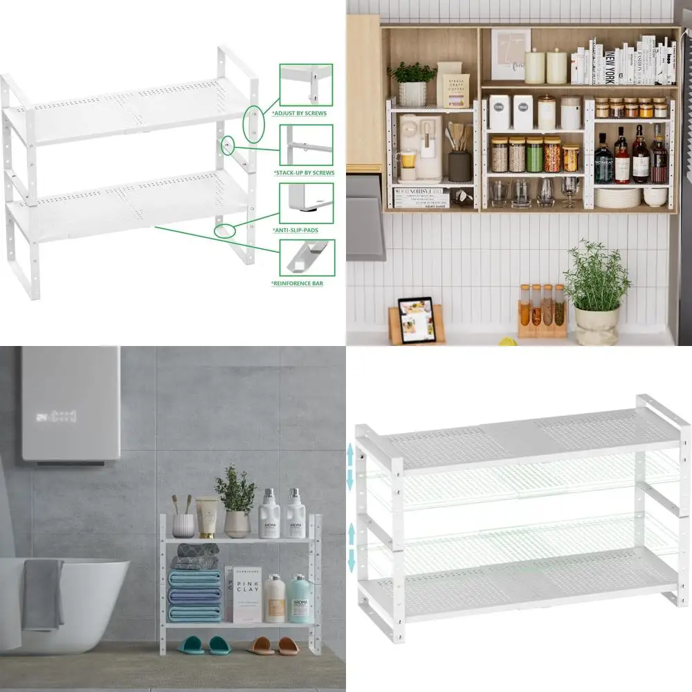 

Металлическая штабелируемая полка для обуви с регулируемой высотой для кладовой и хранения специй (большая, белая)