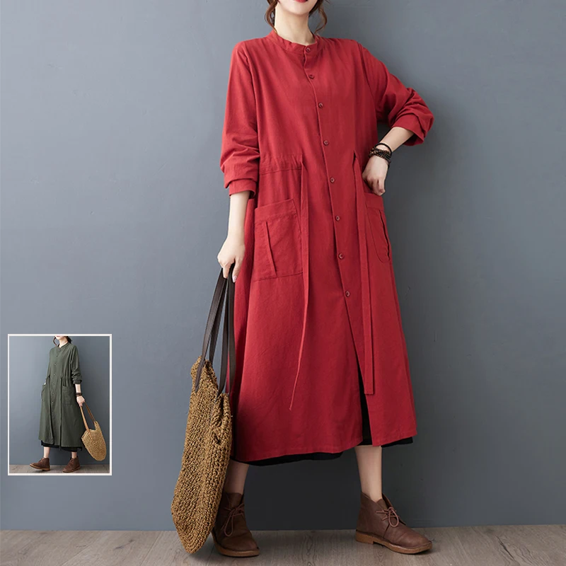 

Spring Artistic Pure Color Double ket Cotton Linen Dr plus Size Women's Waist Cinching Slimming Open Cardigan Long Dr