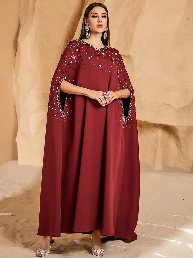 2025 Rhinestone Beaded Batwing Sleeve Abaya Muslim Dress Women Robe Ethnic Dubai Moroccan Kaftan Ramadan Arabic Islamic Clothes