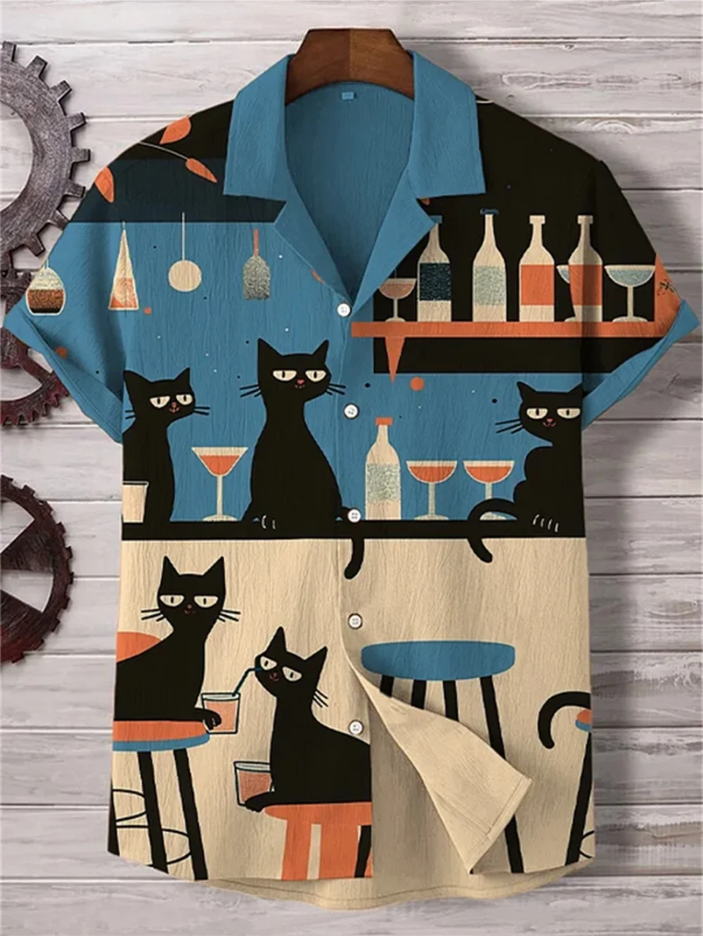 Men's Cat Graphic 3D Printed Short-Sleeved Shirt Casual Lapel Loose Fit Tops Hawaiian Style Trendy and Fashionable Men's Shirt