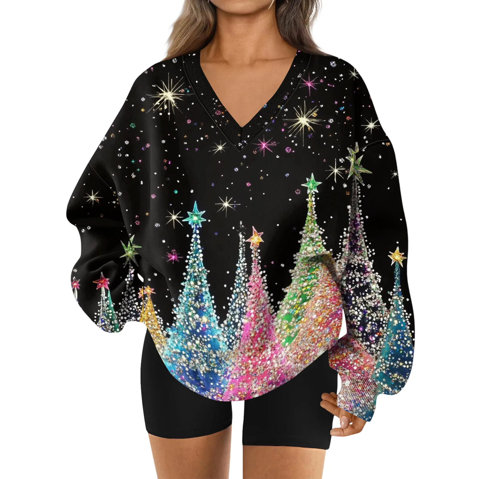 Damen-Sweatshirt mit V-Ausschnitt, Weihnachtsdruck, langärmelig, Retro-Top, Outdoor, Festival, Pendeln, Party, Treffen, lässige Mode