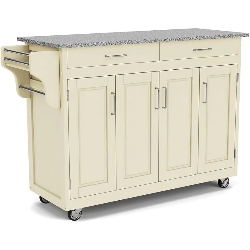 Create-a-Cart White 4 Door Cabinet Kitchen Cart with Gray Granite Top Crafted From Hardwood Solids and Veneers