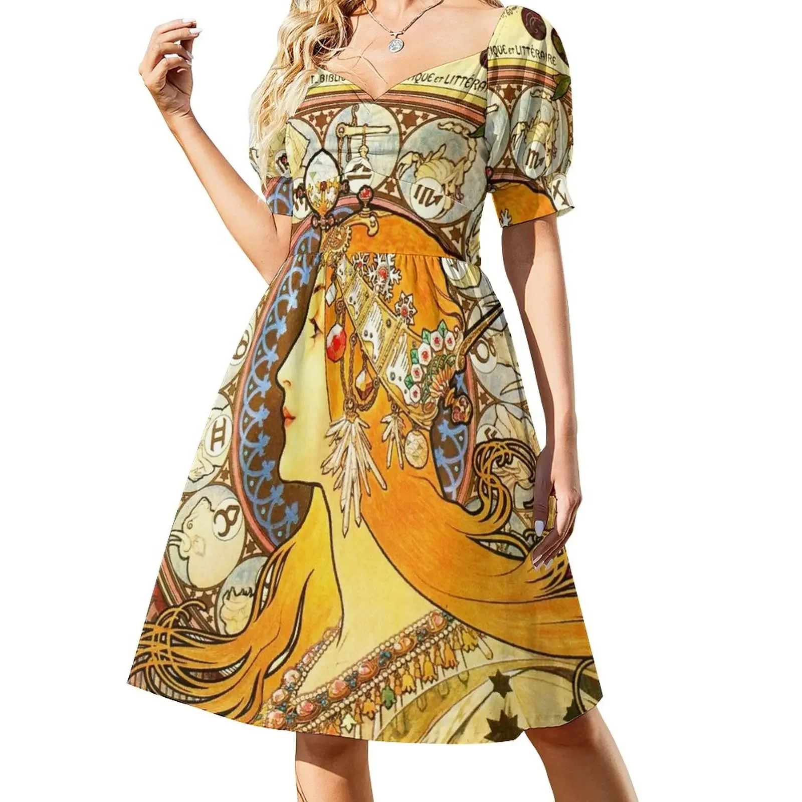 

La Plume Zodiac - Alphonse Mucha Short-Sleeved Dress prom clothes Woman dresses women's evening dresses 2025