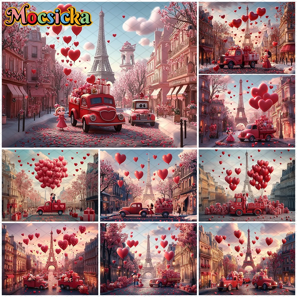 

Mocsicka Valentine Day Backdrop Love Pink Love Balloon Flower Truck Gifts Eiffel Tower Decoration Wedding Photography Background
