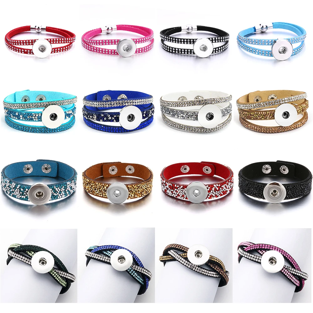 Rhinestone crystal stones velvet Korean Suede soft bracelets Colorful Charming bangle fit 18mm snap buttons DIY jewelry