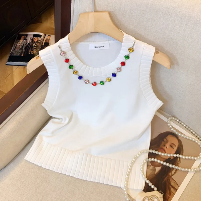 Korean Knitted Vests Women Sweater Vest Top Solid Tank Blusas Summer Fashion Female Sleeveless Beading Casual Knitted Tees