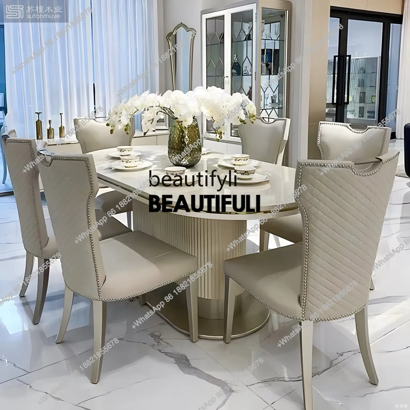 

ss8350 Американский светлый роскошный обеденный стол из цельного дерева и комбинация стульев, современная простая мраморная овальная французская маленькая квартира