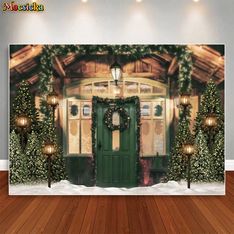 คริสต์มาสฉากหลังสำหรับถ่ายภาพDarkสีเขียวไม้ประตูพื้นหลังPhotocallภาพพื้นหลังคริสต์มาสตกแต่งต้นไม้