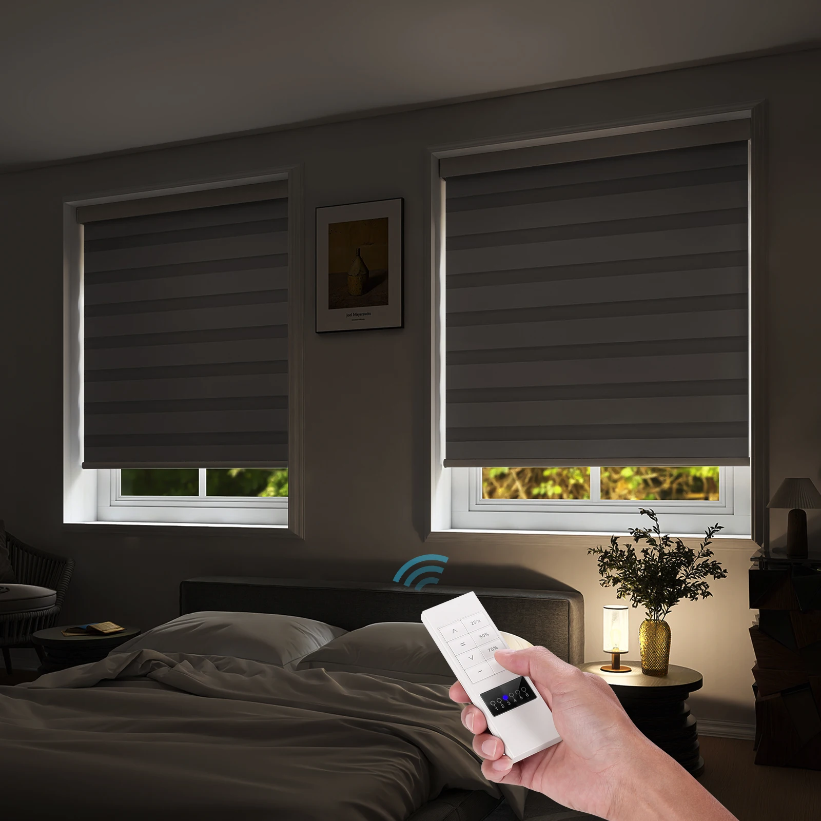 ZSTARR Motorized with Remote Control Zebra Blinds Bread Shades Double Layer with Blackout and Sheer Fabric for Cafe Sun Outdoor