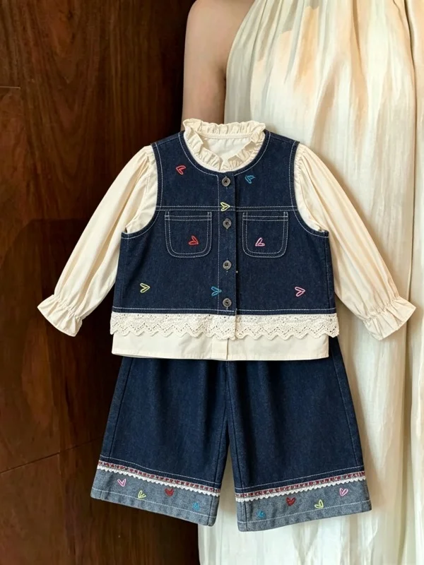 Fashionable Denim Wide Leg Pants Set for Girls Autumn New Arrival Baby Star Heart Vest Shirt Casual Three Piece Suit