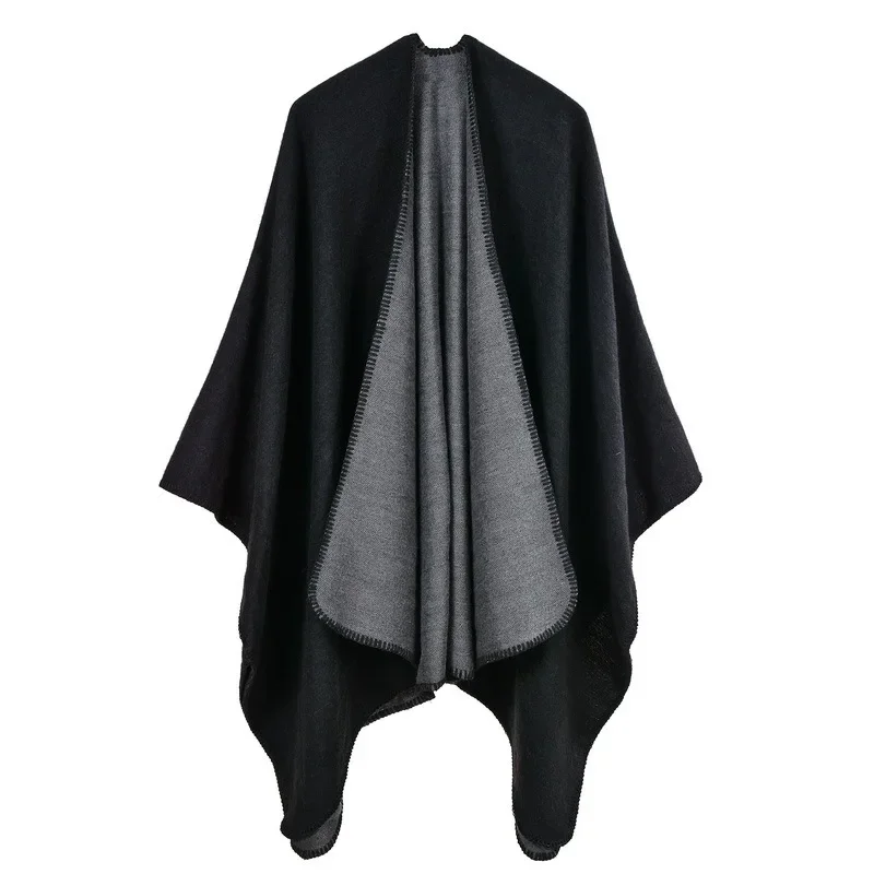 

Solid Color Imitation Cashmere Large Split Cape Warm Monochrome Shawl Plain Cloak