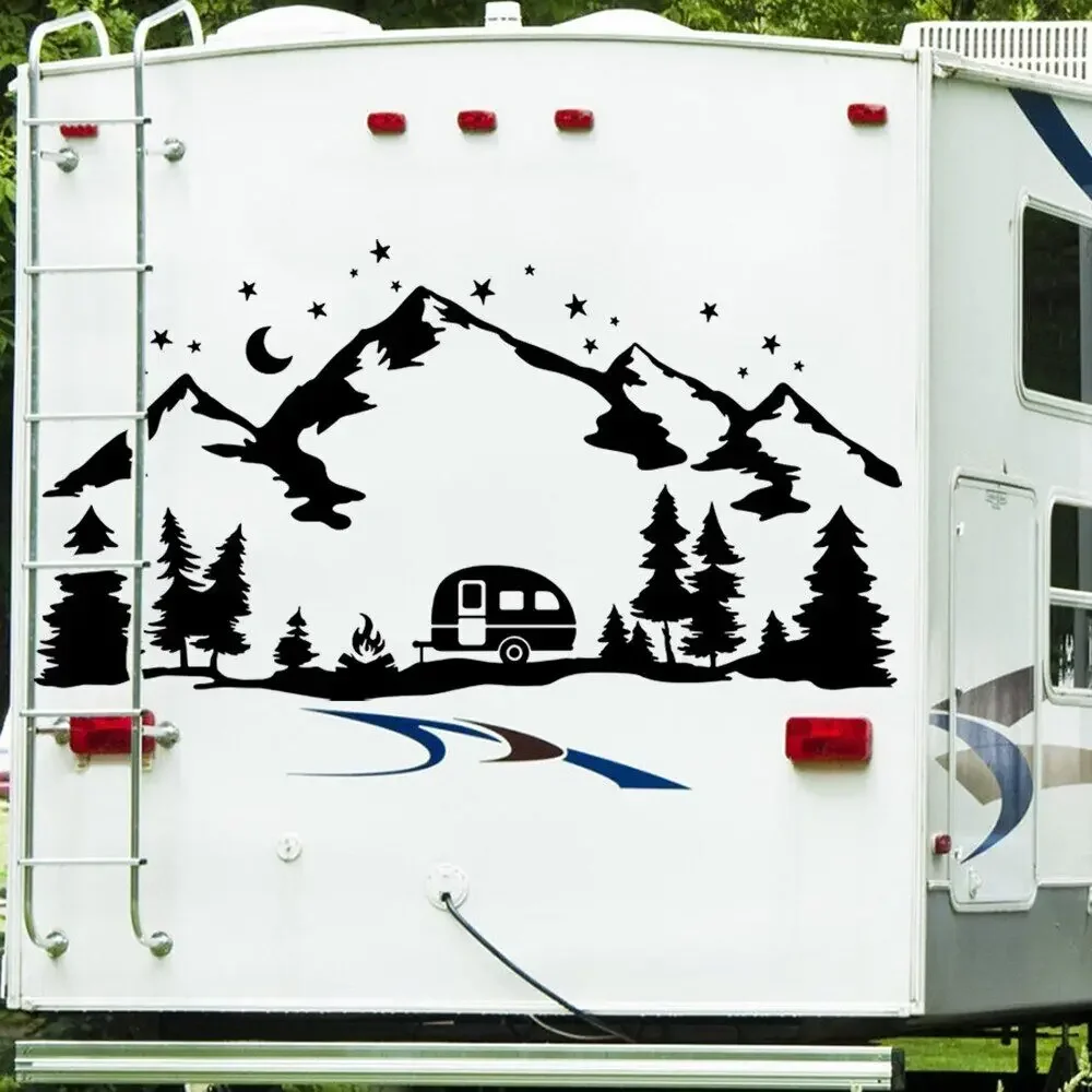 Camper Rv Mountain Forest Pine Tree Wall Decal Bedroom Camping 4x4 Offroad SUV Motorhome Landscape Wall Sticker Vinyl Decor