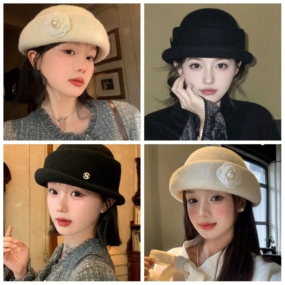 

Retro Bow Hepburn Style Topper Hat Camellia Flower French Style Woolen Bucket Hat Flat-top Pearl Women Formal hat Travel