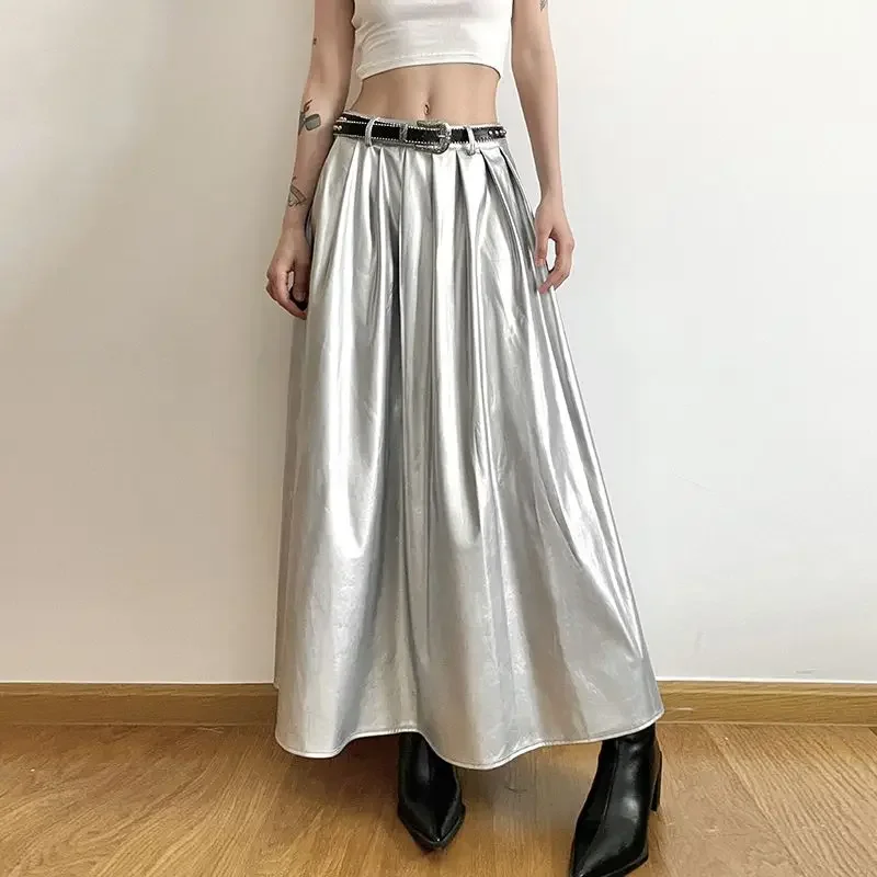 Pu knöchel lange Röcke Frauen Streetwear stilvolle metallische helle Farbe plissiert lose hohe Taille a-Linie einfache All-Match Retro