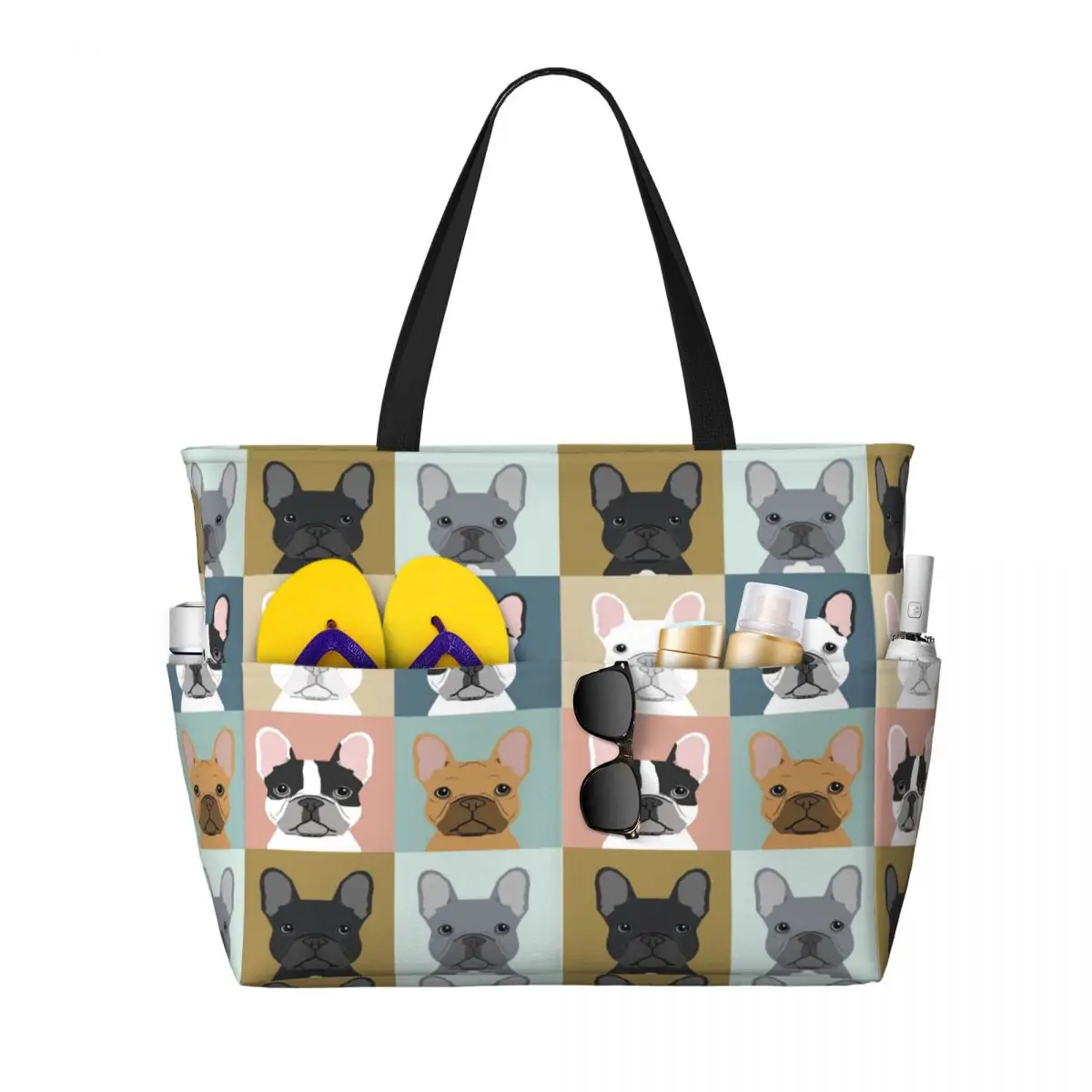 Custom French Bulldog Portraits Pattern Beach Tote Bag Women Extra Large Gym Carry On Frenchie Dog Lover Travel Shopping Bags