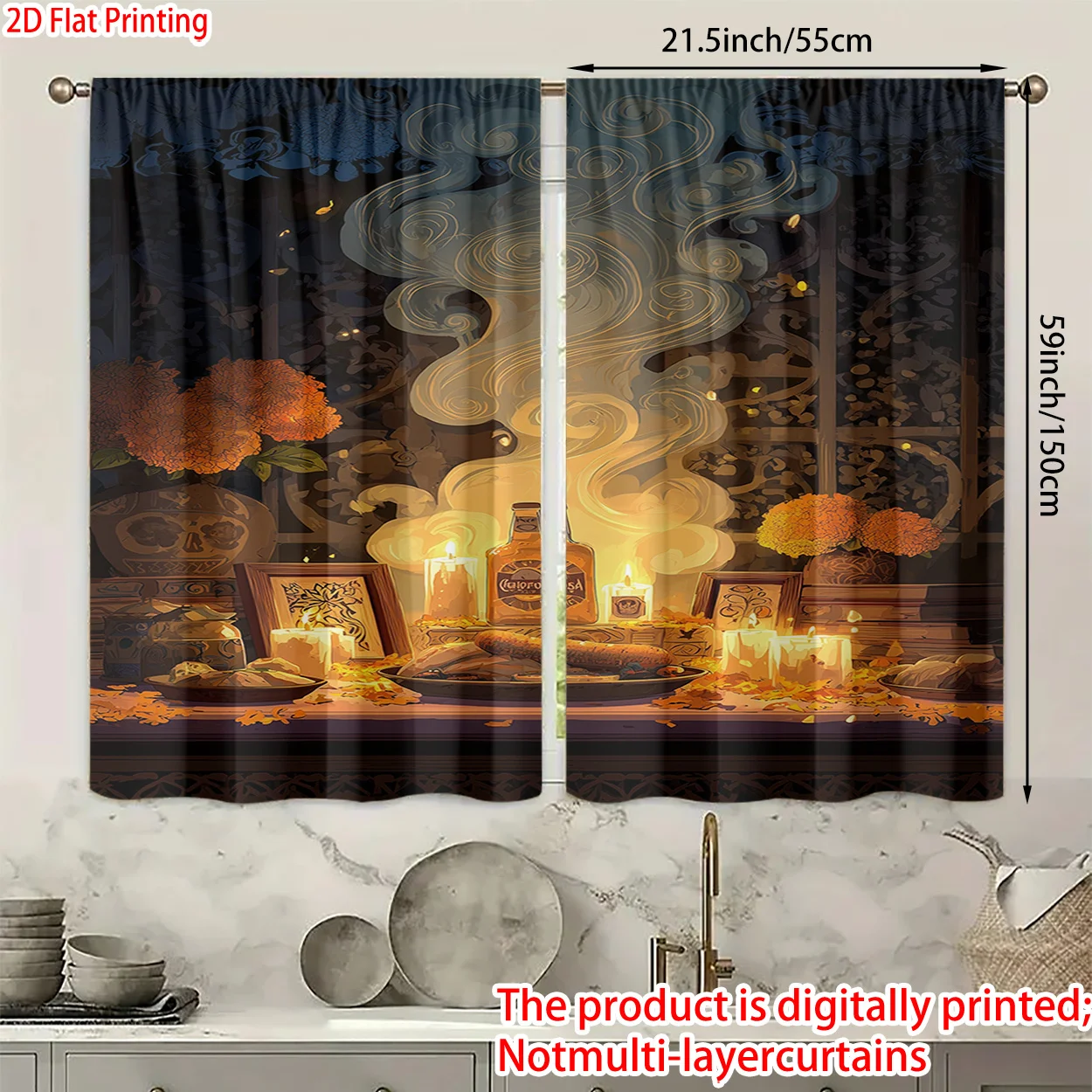 Printed Day of the Dead Altar Curtain, Halloween Sugar Skull & Beer Digital Drapes for Living Room, Flat Non-Multi-layer Window