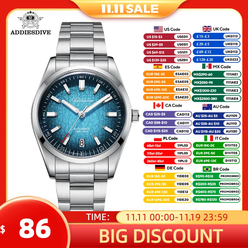 ADDIESDIVE Fashion 8215 Automatic Men Watch 39mm Gradient Dial Diving 100m Waterproodf 316L Stainless Steel Domed Glass Luminous