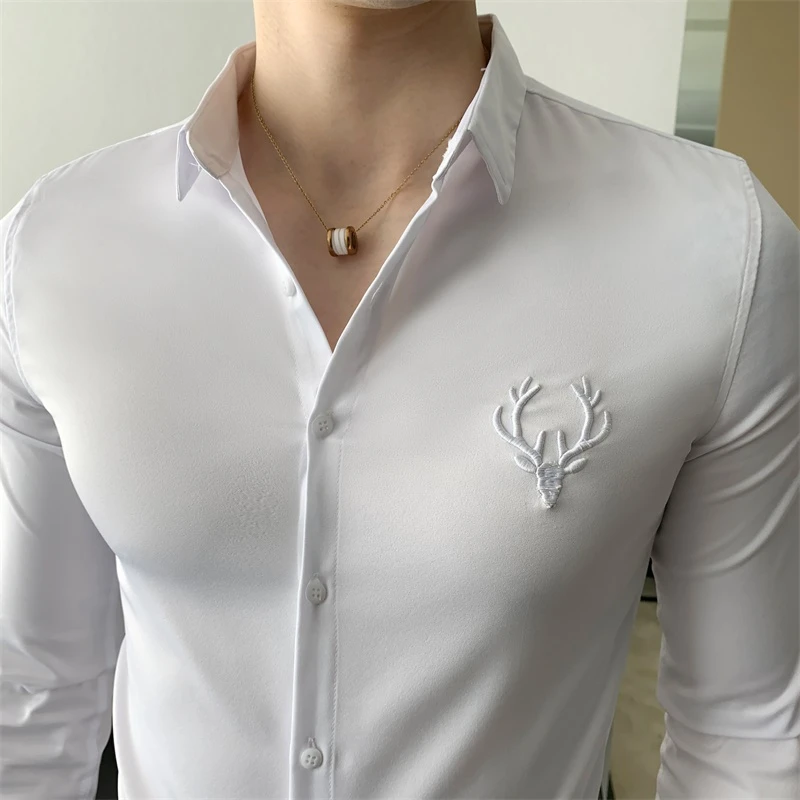 Solid Simple Mens Casual Shirt Slim Fit Business Formal Wear Deer Head Embroidery Shirt Men Brand New 2020 Long Sleeve Men Shirt