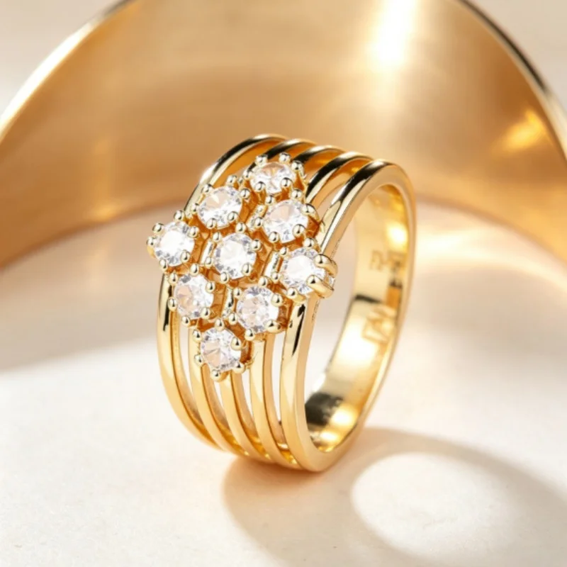 2026 New European and American Multi-layered Shiny Ring Set with White Zirconia Flower Pattern Wide Face Accessory
