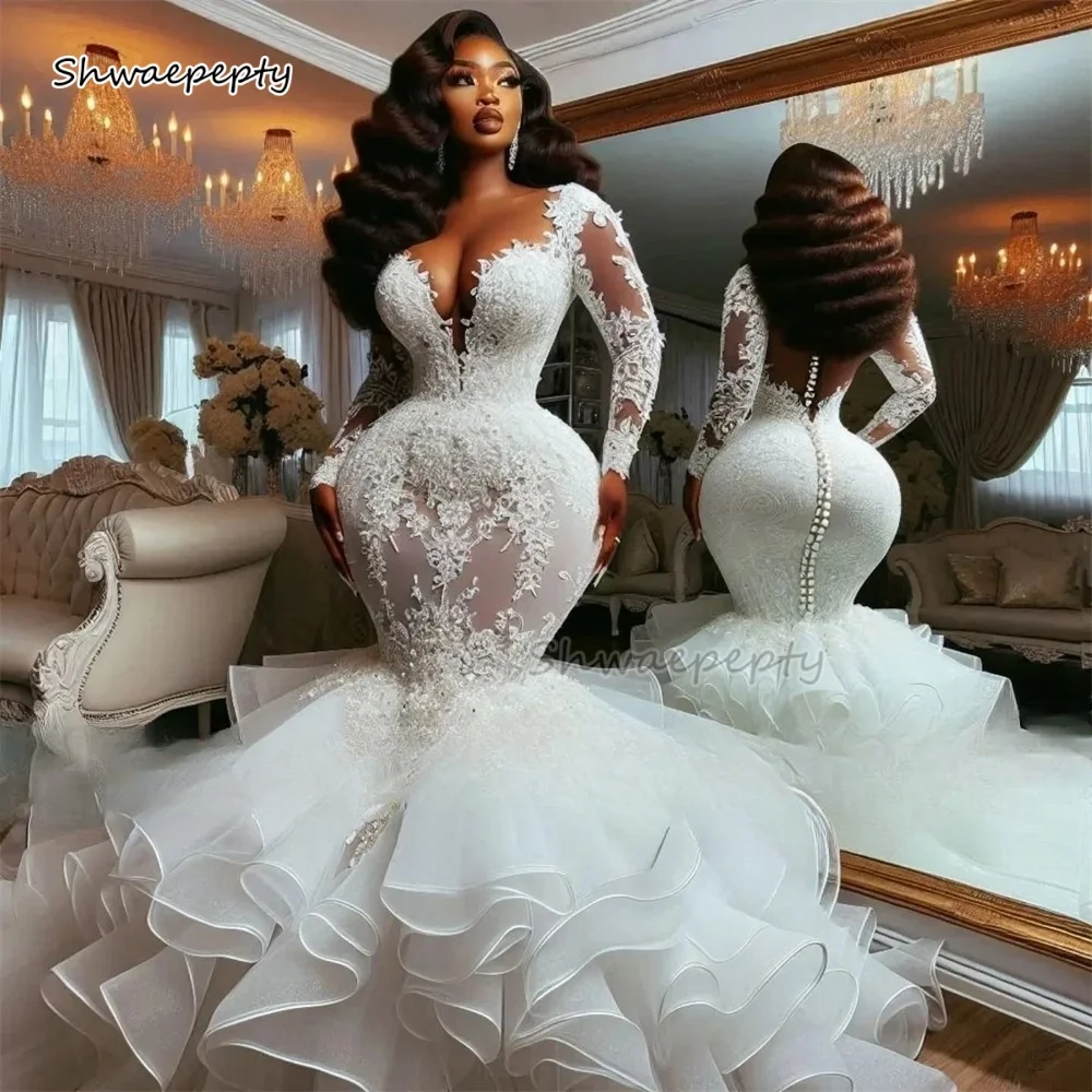 

Ruffled Tiered Mermaid Wedding Dress With Long Sleeves Lace Appliques See Through Sexy Customized Bridal Gown 2025