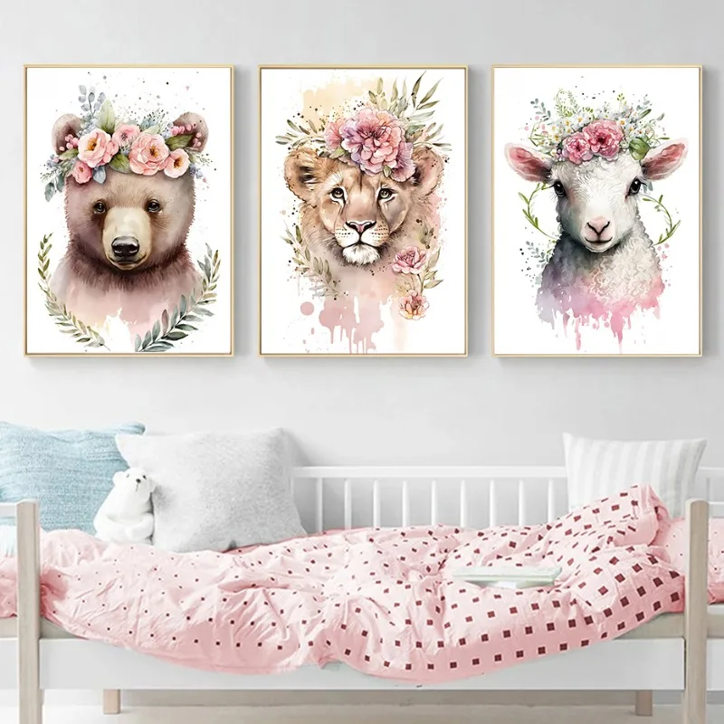 Watercolor Cute Baby Animals with Flowers Poster Lamb Owl Panda Rabbit Canvas Painting Wall Art for Nursery Kids Room Home Decor