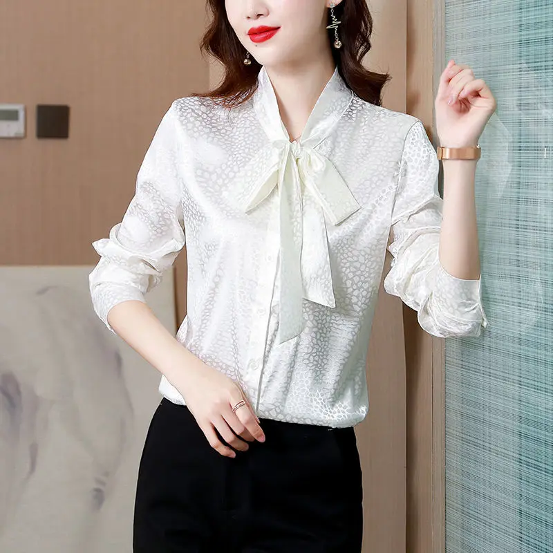 Commuter Women\'s Bow Scarf Collar Printing Shirt 2023 Spring Autumn New Elegant Fashion Button Long Sleeve Pullovers Blouses