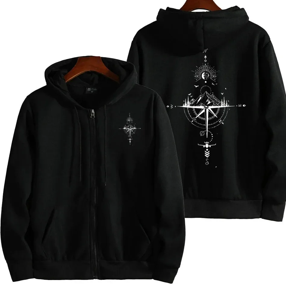 Vintage Compass Print Zip Hoodies for Men High Quality Hooded Long Sleeve Pullover Winter Daily Casual Sports Tops Men's Clothes