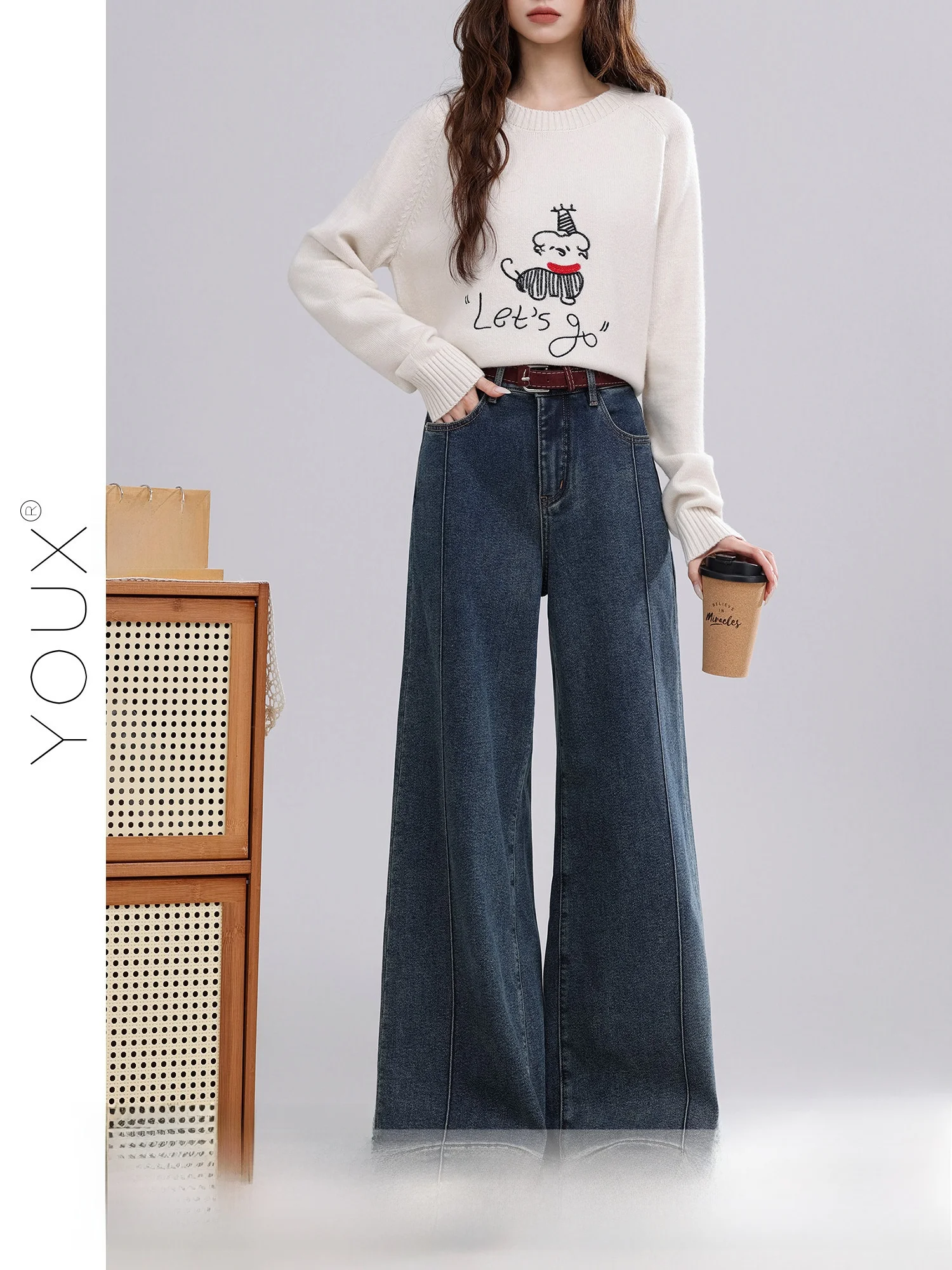 

Темно-синие женские джинсы с флисовой подкладкой, широкие, расклешенные, с высокой талией, на молнии, теплые зимние брюки