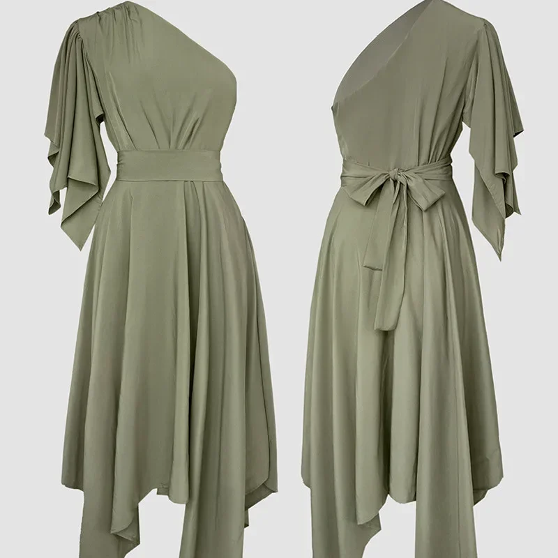Feestjurk met vlinderdas, casual één schouder, asymmetrische mouw, ritssluiting aan de zijkant, taille, asymmetrische zoom, maxi-jurk met riem