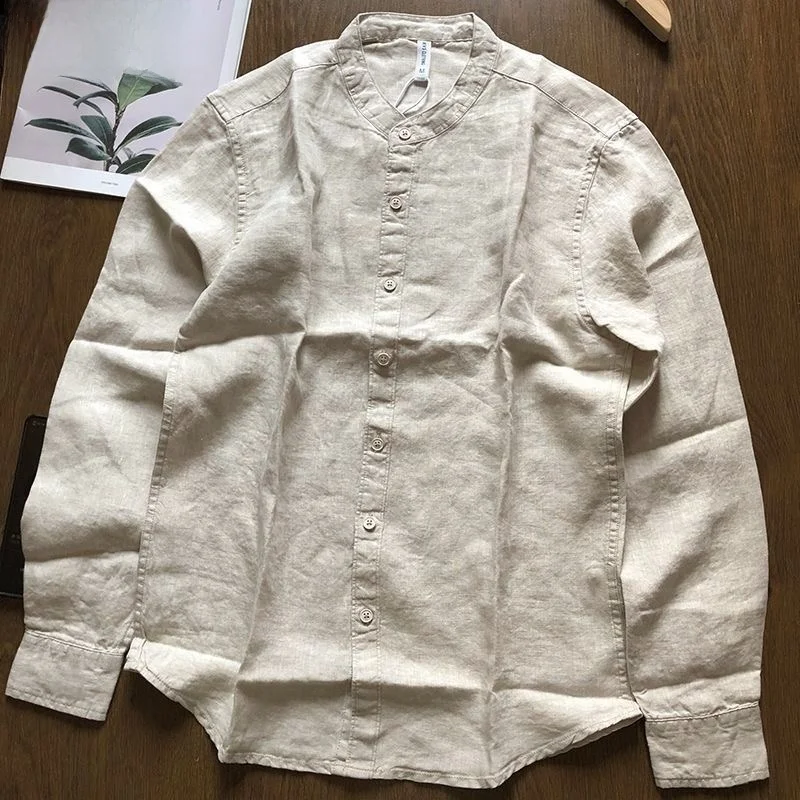 

New Arrival Men's Casual Long Sleeve Cotton Linen Shirt Small Stand Collar Retro Japanese Style Breathable Comfortable Summer...